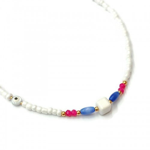 Κολιέ με λευκές μίνι χάντρες κεραμικό λευκό κύβο και ματάκι από φίλντισι