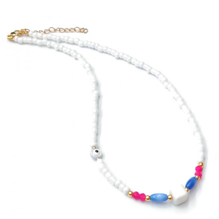 Κολιέ με λευκές μίνι χάντρες κεραμικό λευκό κύβο και ματάκι από φίλντισι