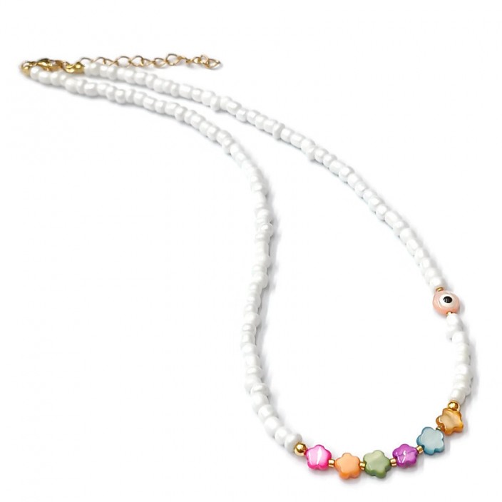 Κολιέ με λευκές μίνι χάντρες και πολύχρωμα λουλουδάκια από φίλντισι