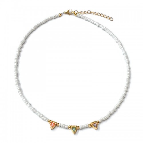 Κολιέ με λευκές μίνι χάντρες και επίχρυσα δοντάκια με πολύχρωμο σμάλτο & γκλίτερ