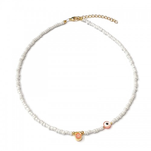 Κολιέ με λευκές μίνι χάντρες και επίχρυσο κυκλάκι με κοραλλί σμάλτο & γκλίτερ