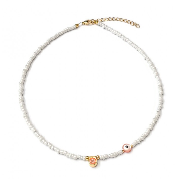 Κολιέ με λευκές μίνι χάντρες και επίχρυσο κυκλάκι με κοραλλί σμάλτο & γκλίτερ