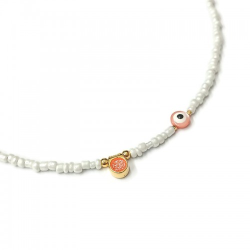 Κολιέ με λευκές μίνι χάντρες και επίχρυσο κυκλάκι με κοραλλί σμάλτο & γκλίτερ