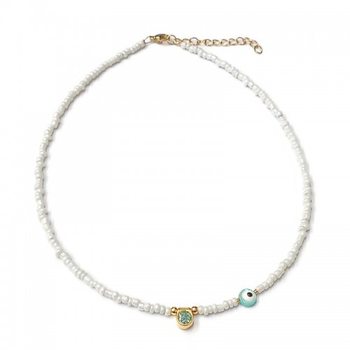 Κολιέ με λευκές μίνι χάντρες και επίχρυσο κυκλάκι με γαλάζιο σμάλτο & γκλίτερ