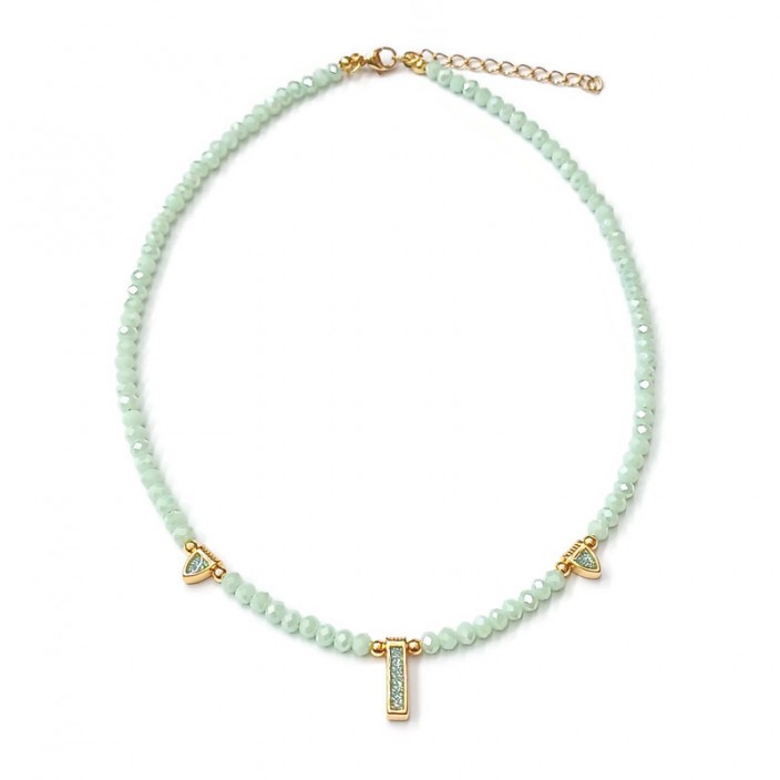 Κολιέ με mint κρύσταλλα και επίχρυσα στοιχεία με σμάλτο & γκλίτερ