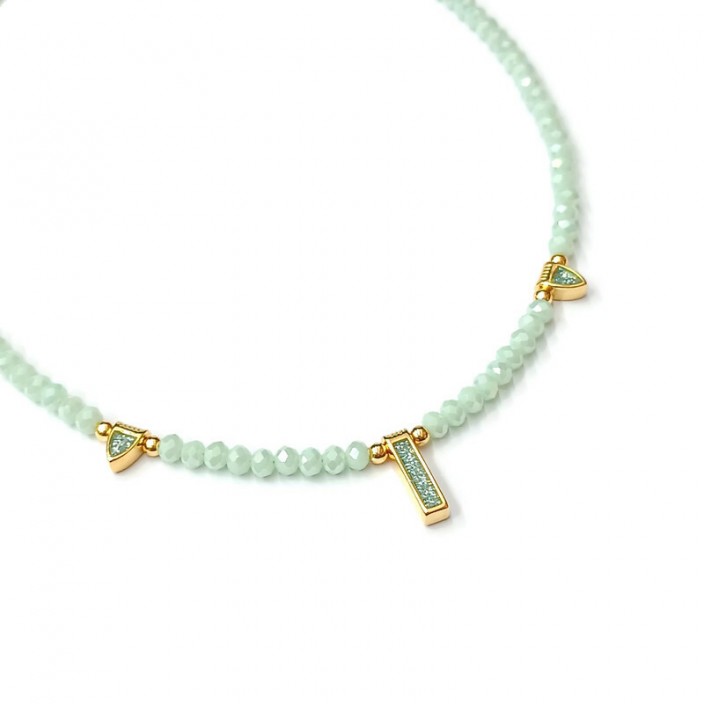 Κολιέ με mint κρύσταλλα και επίχρυσα στοιχεία με σμάλτο & γκλίτερ