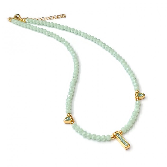 Κολιέ με mint κρύσταλλα και επίχρυσα στοιχεία με σμάλτο & γκλίτερ