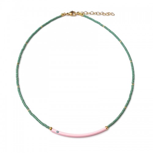 Κολιέ με τυρκουάζ μίνι χάντρες και ροζ μπάρα με μάτι
