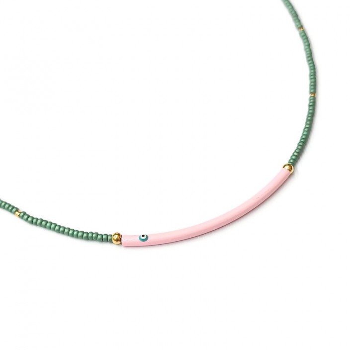 Κολιέ με τυρκουάζ μίνι χάντρες και ροζ μπάρα με μάτι