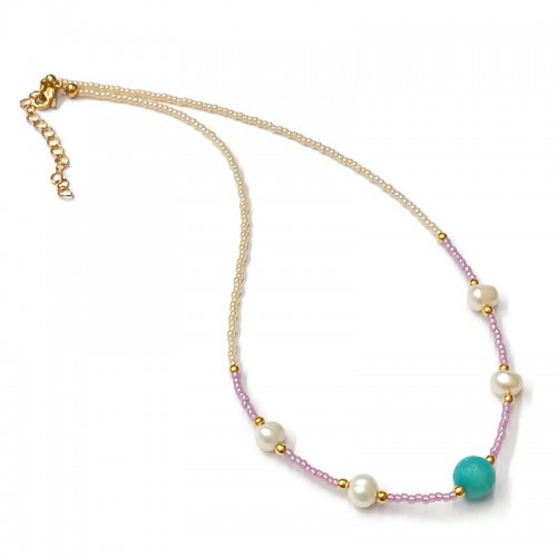 Κολιέ με μπεζ/μωβ μίνι χάντρες, μαργαριτάρια και τυρκουάζ νεφρίτη