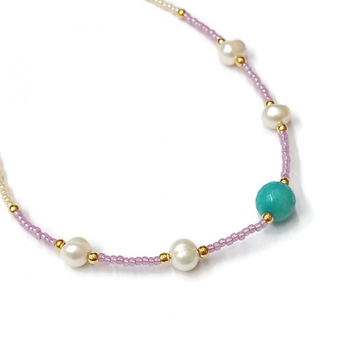 Κολιέ με μπεζ/μωβ μίνι χάντρες, μαργαριτάρια και τυρκουάζ νεφρίτη
