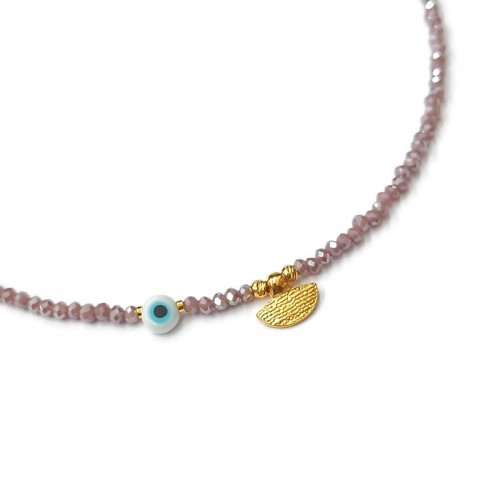 Κολιέ με μωβ κρύσταλλα επίχρυσο στοιχείο και μίνι ματάκι