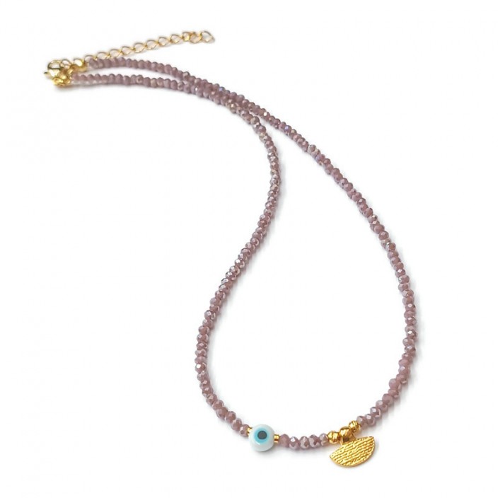 Κολιέ με μωβ κρύσταλλα επίχρυσο στοιχείο και μίνι ματάκι
