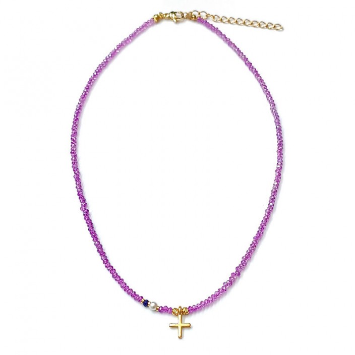 Κολιέ με μωβ ιριδίζον κρύσταλλα και επίχρυσο σταυρό