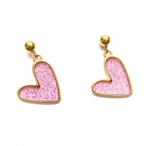 Σκουλαρίκια καρδιές με ροζ διάφανο σμάλτο και γκλίτερ