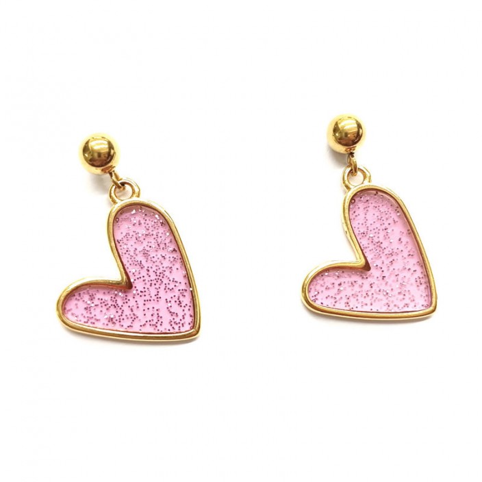 Σκουλαρίκια καρδιές με ροζ διάφανο σμάλτο και γκλίτερ