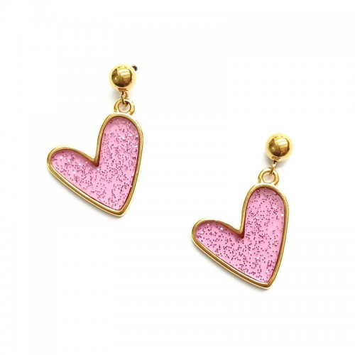Σκουλαρίκια καρδιές με ροζ διάφανο σμάλτο και γκλίτερ