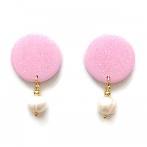 Dreams collection - Σκουλαρίκια από ροζ πηλό με γκλίτερ και μαργαριτάρια