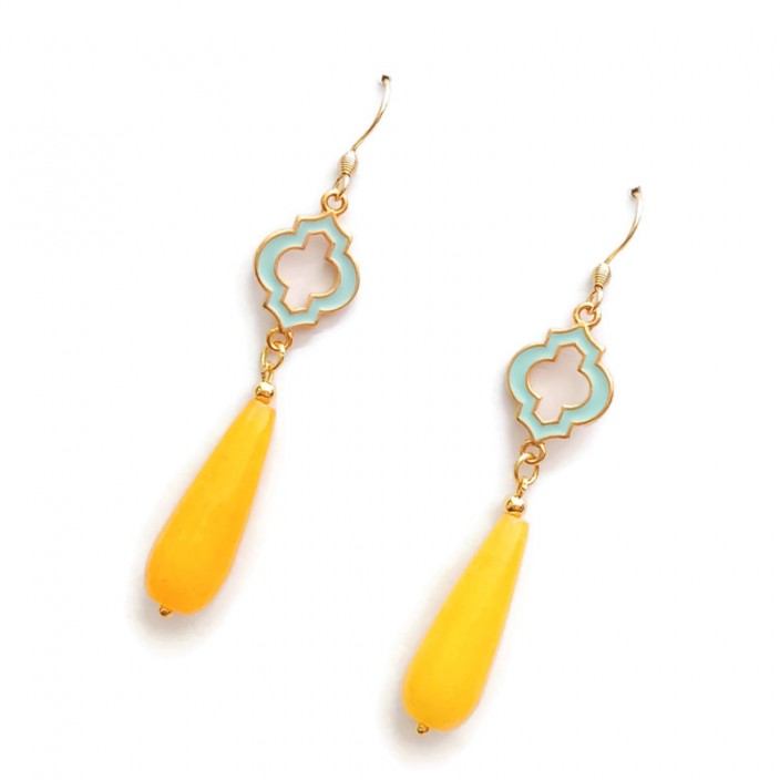 Gems collection - Σκουλαρίκια με κίτρινο νεφρίτη - δάκρυ και vintage στοιχεία με γαλάζιο σμάλτο
