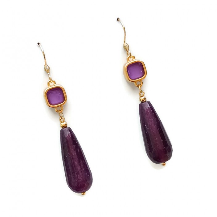 Gems collection - Σκουλαρίκια με μωβ νεφρίτη - δάκρυ και στοιχεία με μωβ σμάλτο