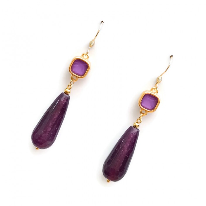 Gems collection - Σκουλαρίκια με μωβ νεφρίτη - δάκρυ και στοιχεία με μωβ σμάλτο