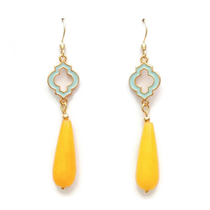 Gems collection - Σκουλαρίκια με κίτρινο νεφρίτη - δάκρυ και vintage στοιχεία με γαλάζιο σμάλτο