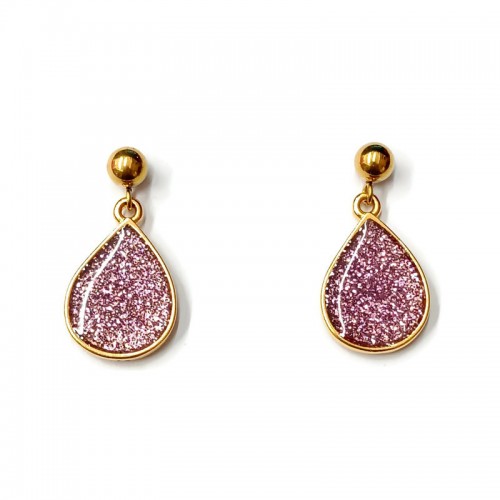 Σκουλαρίκια κρεμαστά επίχρυσα δάκρυα με σμάλτο ροζ-γκλίτερ 