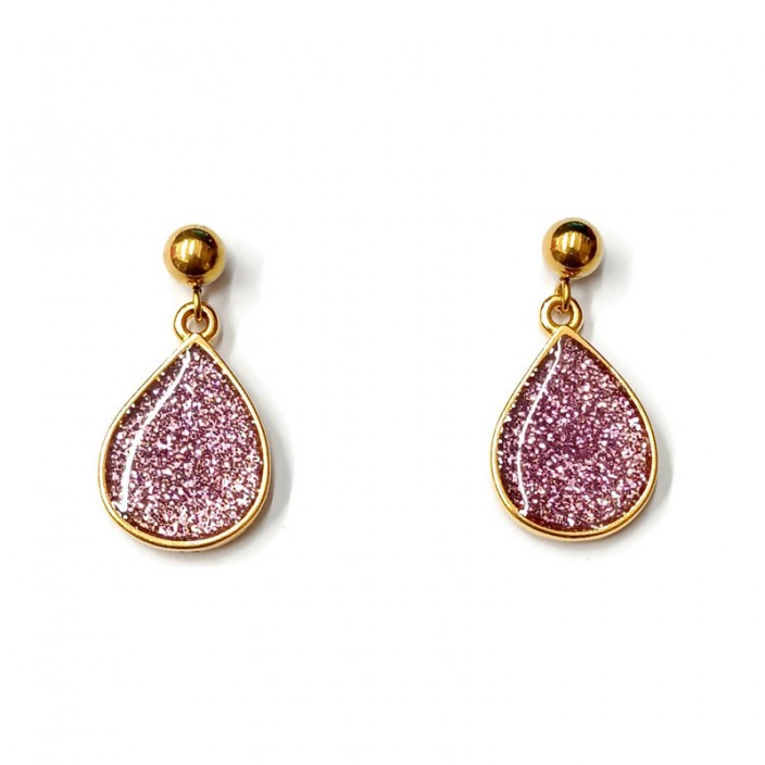 Σκουλαρίκια κρεμαστά επίχρυσα δάκρυα με σμάλτο ροζ-γκλίτερ 