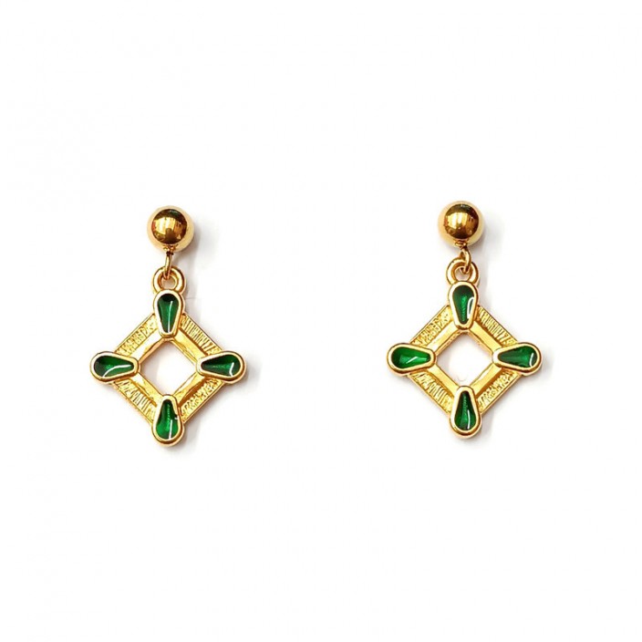 Σκουλαρίκια κρεμαστά επίχρυσοι ρόμβοι με πράσινο σμάλτο