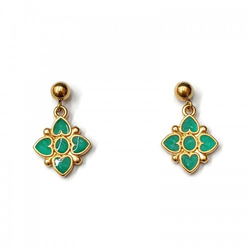 Σκουλαρίκια κρεμαστά επίχρυσα λουλούδια με βεραμάν σμάλτο