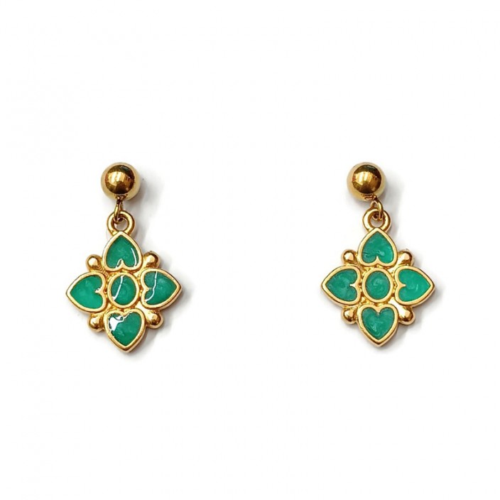 Σκουλαρίκια κρεμαστά επίχρυσα λουλούδια με βεραμάν σμάλτο