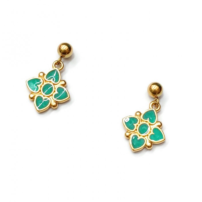 Σκουλαρίκια κρεμαστά επίχρυσα λουλούδια με βεραμάν σμάλτο