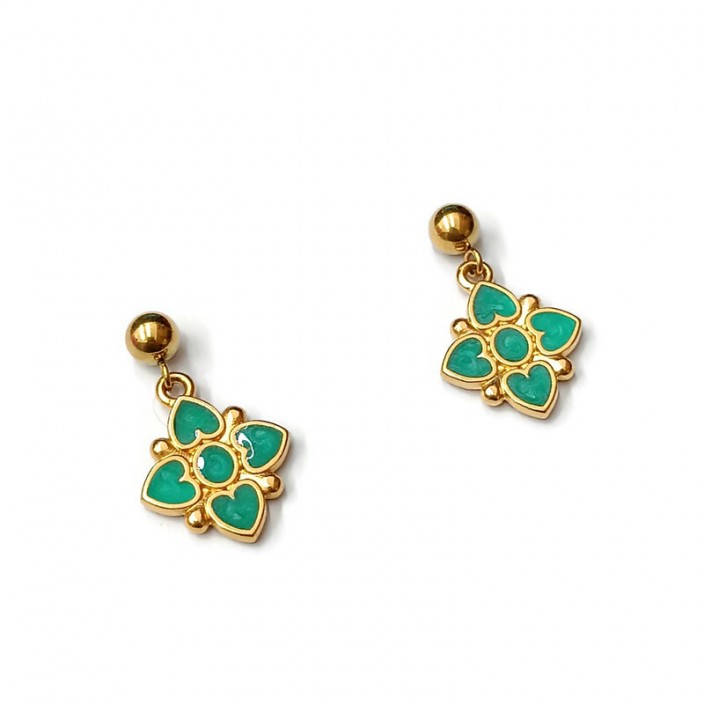 Σκουλαρίκια κρεμαστά επίχρυσα λουλούδια με βεραμάν σμάλτο