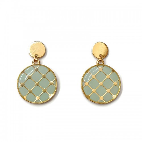 Σκουλαρίκια κρεμαστά επίχρυσα με καρό σχέδιο σε βεραμάν σμάλτο