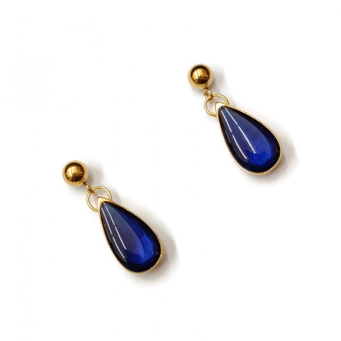 Σκουλαρίκια κρεμαστά επίχρυσα δάκρυα με μπλε σμάλτο