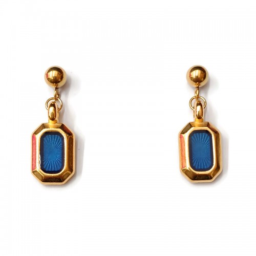 Σκουλαρίκια κρεμαστά επίχρυσα παραλληλόγραμμα με μπλε σμάλτο