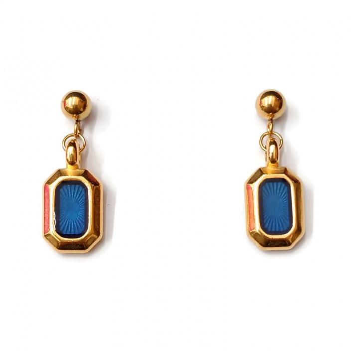 Σκουλαρίκια κρεμαστά επίχρυσα παραλληλόγραμμα με μπλε σμάλτο