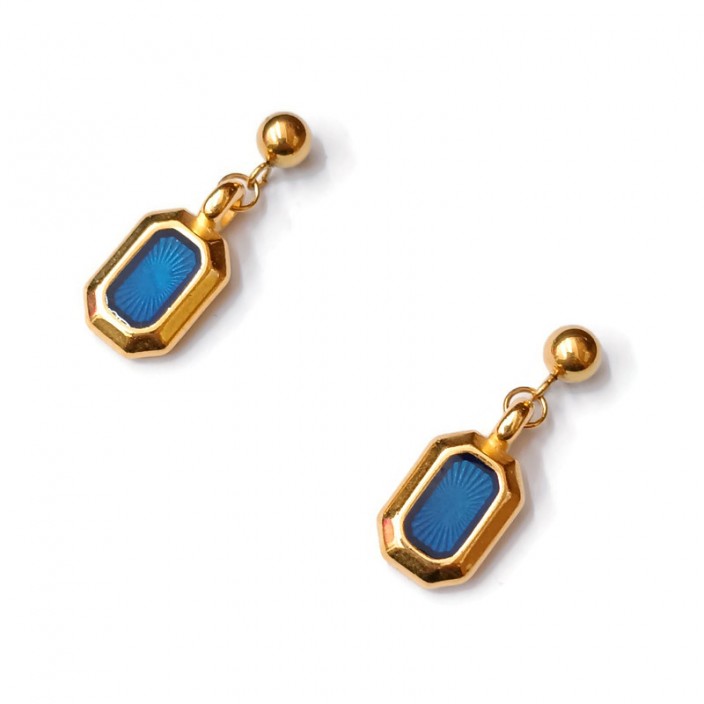 Σκουλαρίκια κρεμαστά επίχρυσα παραλληλόγραμμα με μπλε σμάλτο