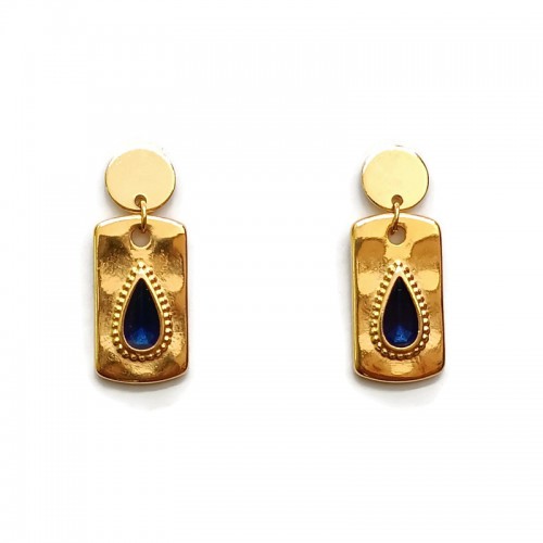 Σκουλαρίκια κρεμαστά επίχρυσα παραλληλόγραμμα με δάκρυ σε μπλε σμάλτο