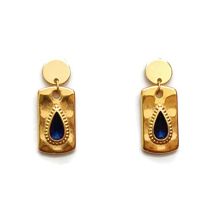 Σκουλαρίκια κρεμαστά επίχρυσα παραλληλόγραμμα με δάκρυ σε μπλε σμάλτο