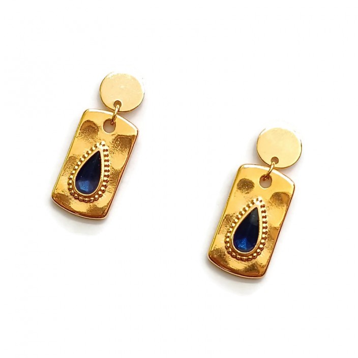 Σκουλαρίκια κρεμαστά επίχρυσα παραλληλόγραμμα με δάκρυ σε μπλε σμάλτο