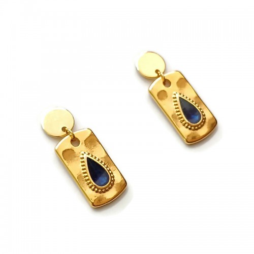 Σκουλαρίκια κρεμαστά επίχρυσα παραλληλόγραμμα με δάκρυ σε μπλε σμάλτο